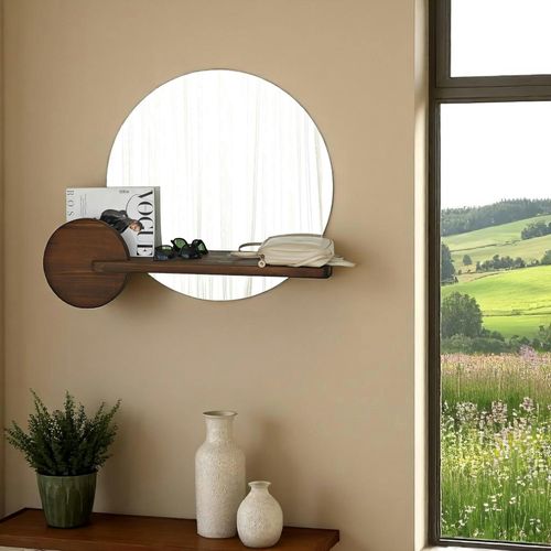 Miroir D'entrée Rond Avec Étagère En Bois Brun Hilo
