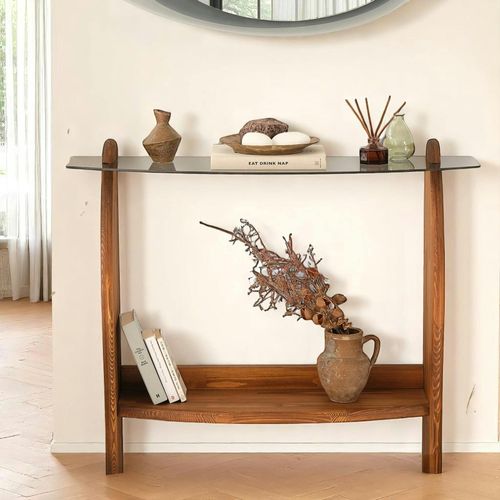 Console D'entrée Vintage - Bois Brun, Verre Teinté Anzio