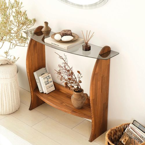 Console D'entrée Vintage - Bois Brun, Verre Teinté Anzio