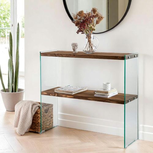 Console D'entrée Minimaliste Bois Brun Et Verre Lhasa