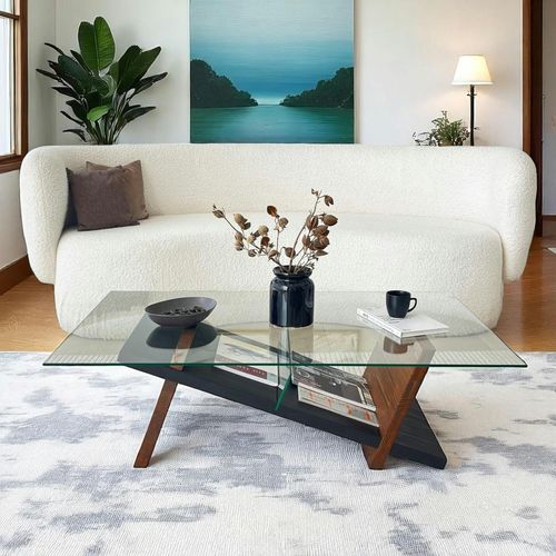 Table Basse Verre Et Bois Brun - Fonction Porte-revues Lhasa