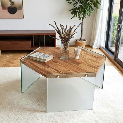 Table Basse En Bois Clair Et Verre - Forme Hexagone Lhasa
