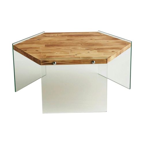Table Basse En Bois Clair Et Verre - Forme Hexagone Lhasa