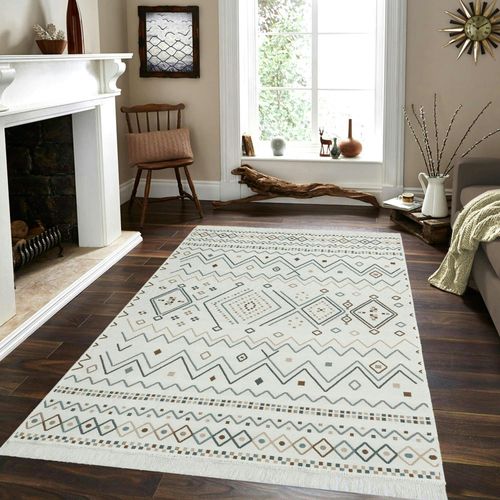 Tapis Réversible En Coton Crème Et Brun – Motifs Graphiques