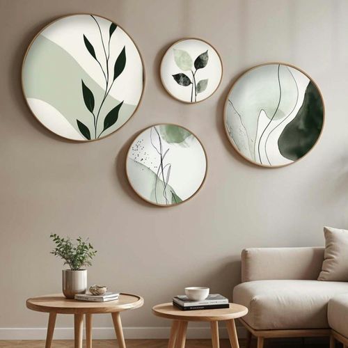 Tableau Rond Nature Vert Et Blanc – Cadre Bois (set De 4)