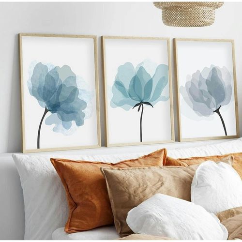Tableau Floral Aquarelle Bleu Pastel – Lot De 3