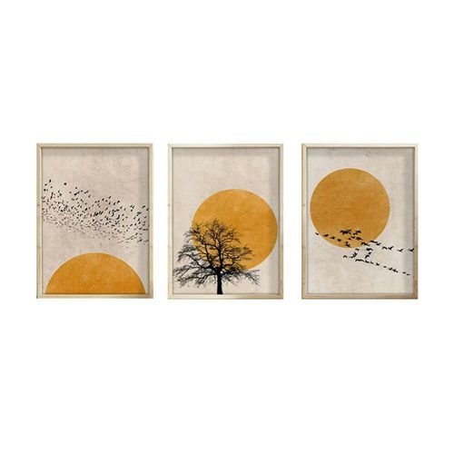 Tableau Nature Stylisée – Soleil Et Oiseaux (lot De 3)