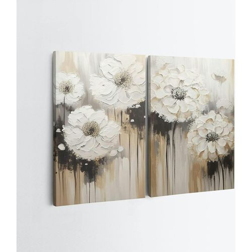 Tableau De Fleurs Blanches En Relief – Déco Murale Moderne (set De 2)