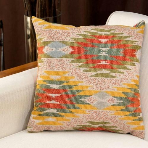 Coussin Bohème Multicolore – Motif Kilim, Fond Beige Izmir