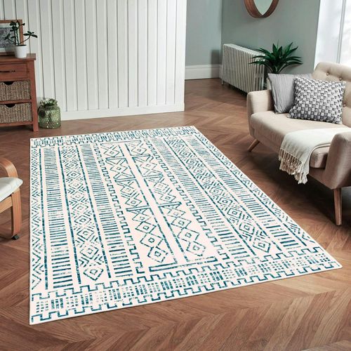 Tapis Écru Contrasté – Motifs Bleus, 160x230 Cm Istanbul