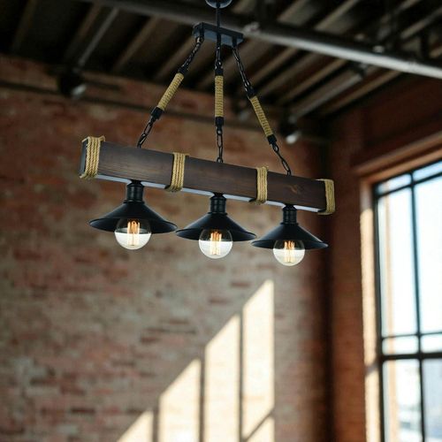 Suspension Industrielle Bois Brun – 3 Lampes Camogli
