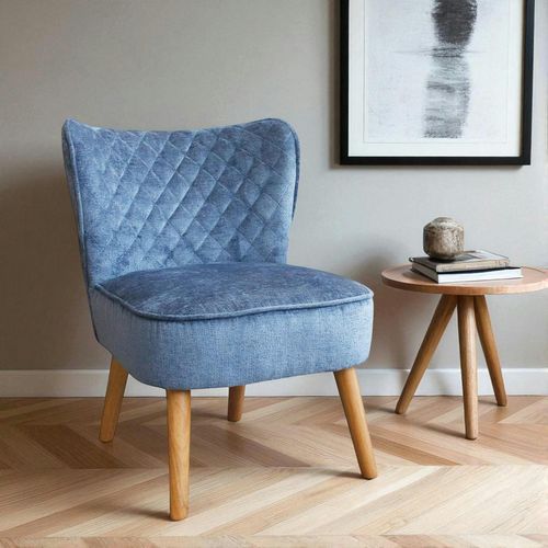 Fauteuil Bleu Tissu Chenille - Pieds Bois, Motif Croisé Iena