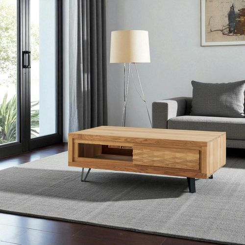 Table Basse Bois Massif - 1 Tiroir, Frise Décorative Roseto