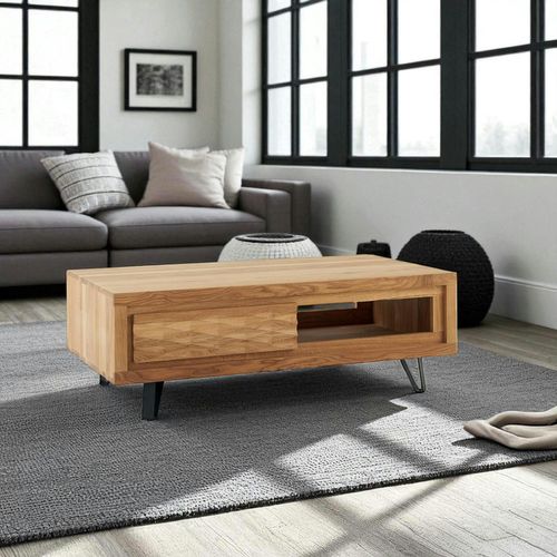 Table Basse Bois Massif - 1 Tiroir, Frise Décorative Roseto