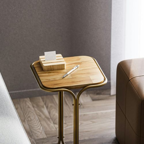 Petite Table D'appoint Dorée Carrée - Plateau Bois Clair Jena