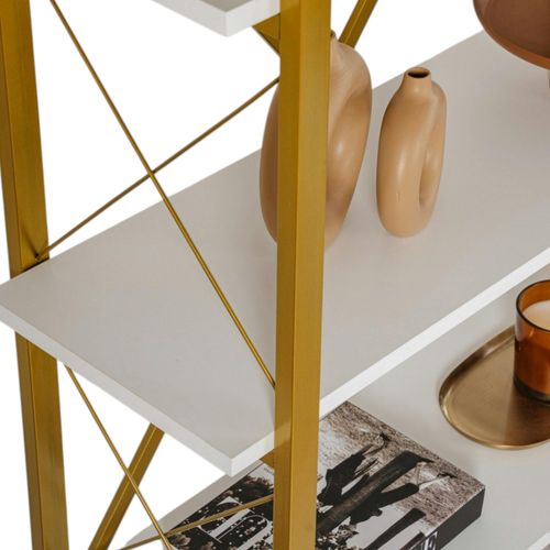 Bibliothèque Étagère Dorée, 5 Plateaux Blancs Jena