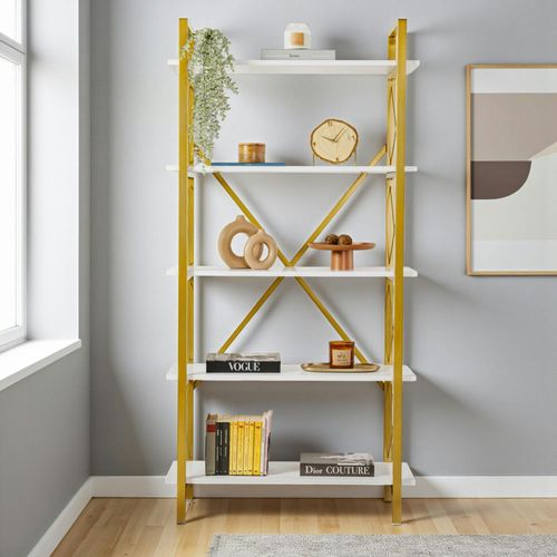 Bibliothèque Étagère Dorée, 5 Plateaux Blancs Jena