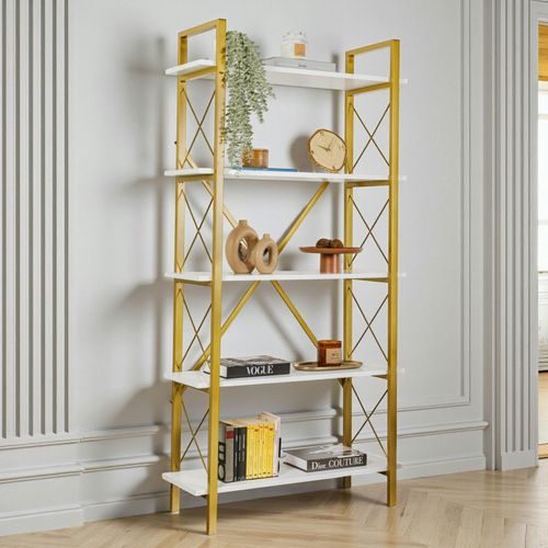 Bibliothèque Étagère Dorée, 5 Plateaux Blancs Jena