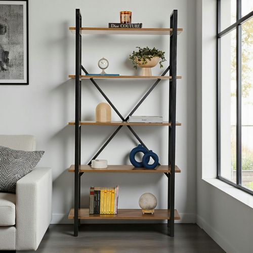 Bibliothèque Étagère Noire, 5 Plateaux Effet Noyer Jena