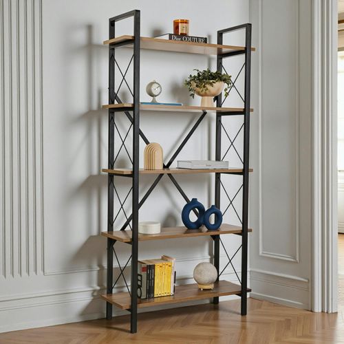 Bibliothèque Étagère Noire, 5 Plateaux Effet Noyer Jena