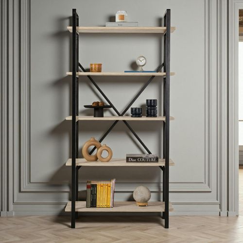 Bibliothèque Étagère Noire, 5 Plateaux Effet Travertin Jena