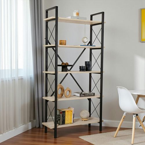 Bibliothèque Étagère Noire, 5 Plateaux Effet Travertin Jena