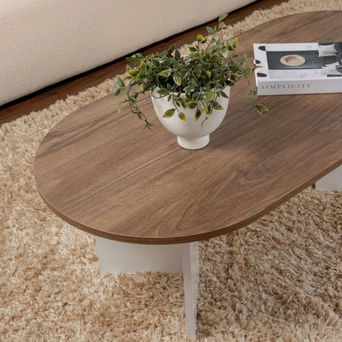 Table Basse Ovale Plateau Effet Noyer - Pieds En V Marfa