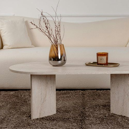 Table Basse Ovale Effet Travertin - Pieds En V Marfa