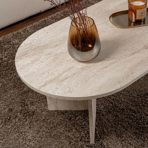 Table Basse Ovale Effet Travertin - Pieds En V Marfa