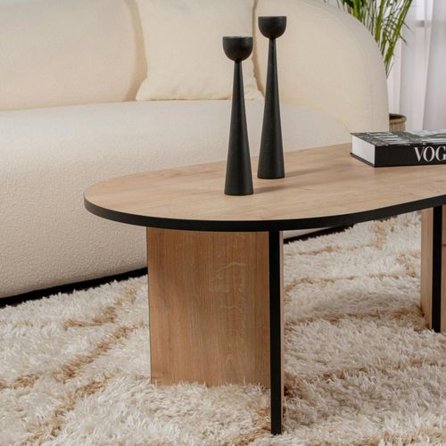 Table Basse Ovale Effet Bois et Fini Noir - Pieds En V Marfa