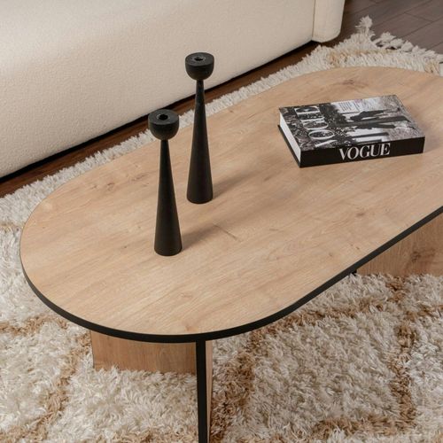 Table Basse Ovale Effet Bois et Fini Noir - Pieds En V Marfa