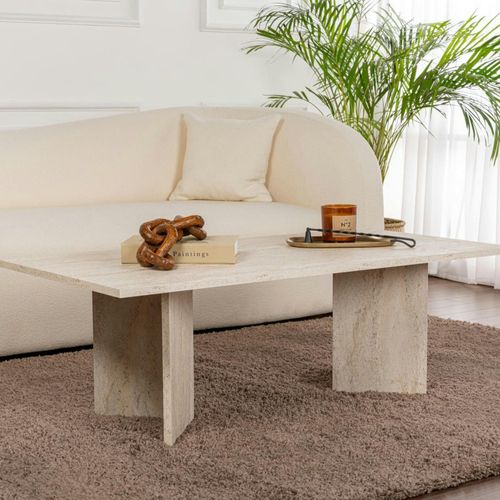 Table Basse Moderne Effet Travertin - Pieds En V Marfa