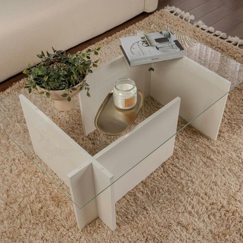 Table Basse Verre Déstructurée – Effet Bois Blanc, H.40 Cm Salta