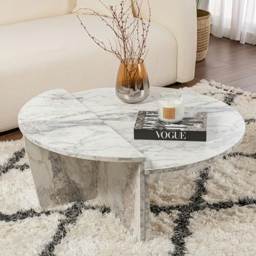 Table Basse Moderne Effet Marbre Blanc - 2 Hauteurs Marfa