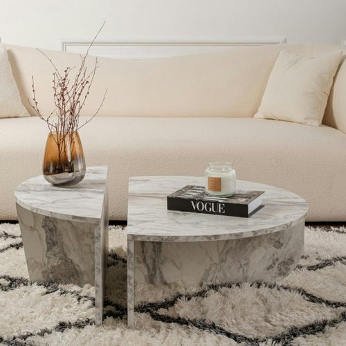 Table Basse Moderne Effet Marbre Blanc - 2 Hauteurs Marfa