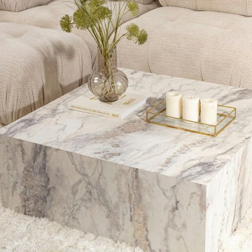 Table Basse Carrée Design Effet Marbre Blanc Marfa