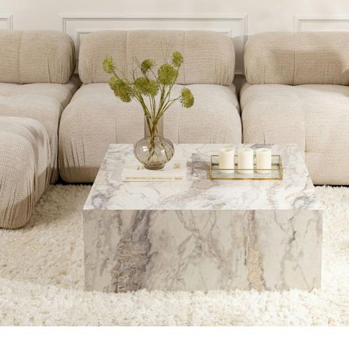 Table Basse Carrée Design Effet Marbre Blanc Marfa