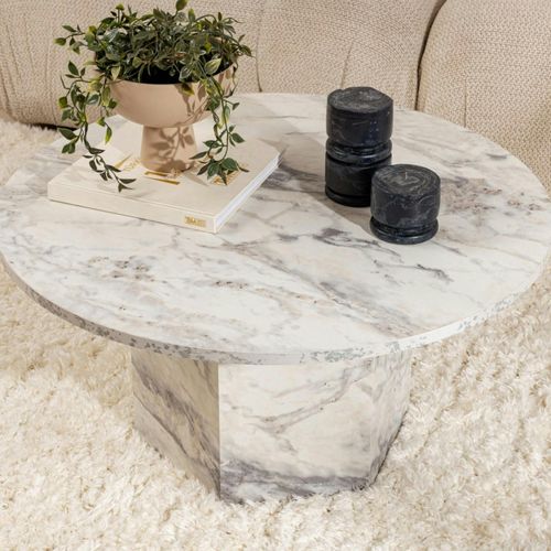 Table Basse Ronde Effet Marbre – Pied Hexagonal Marfa