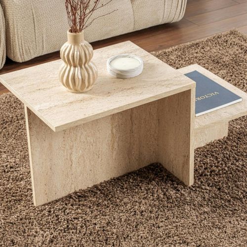 Table Basse Moderne Effet Travertin - 2 Niveaux Marfa