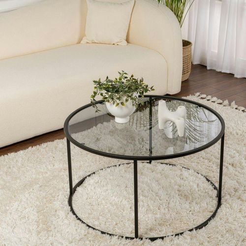 Table Basse Ronde En Verre – Cadre Noir ⌀80 Cm Tulum