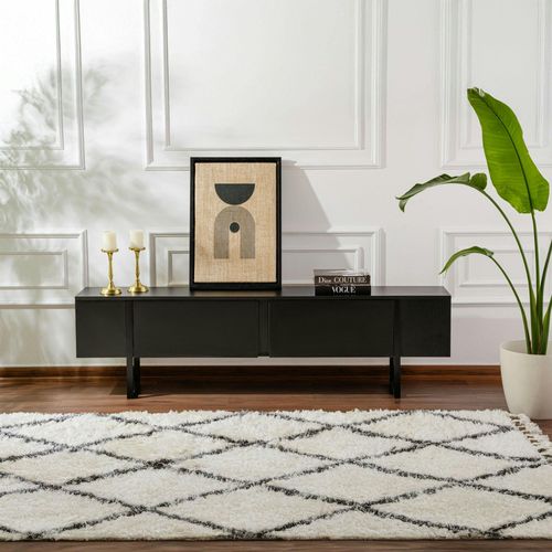 Meuble TV Noir Avec Rangement - Effet Bois, Pieds Noirs Jena