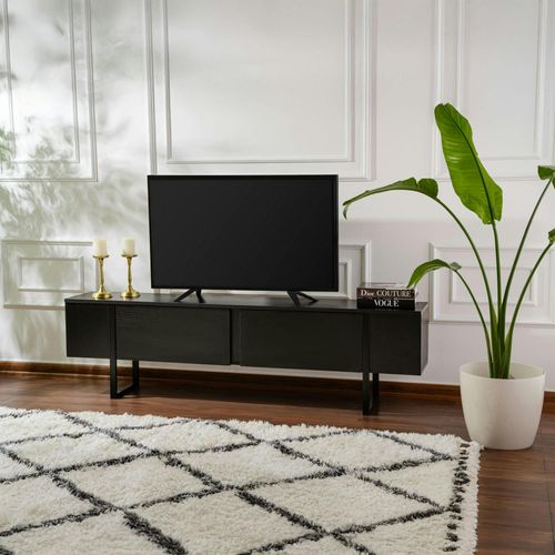 Meuble TV Noir Avec Rangement - Effet Bois, Pieds Noirs Jena