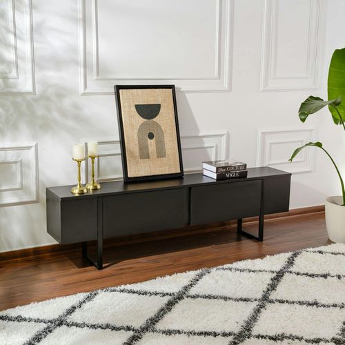 Meuble TV Noir Avec Rangement - Effet Bois, Pieds Noirs Jena