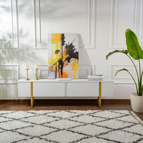 Meuble TV Blanc Avec Rangement - Effet Laque, Pieds Dorés Jena