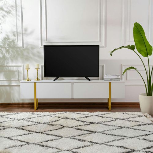 Meuble TV Blanc Avec Rangement - Effet Laque, Pieds Dorés Jena