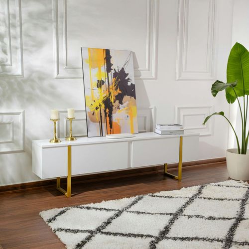 Meuble TV Blanc Avec Rangement - Effet Laque, Pieds Dorés Jena