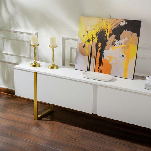 Meuble TV Blanc Avec Rangement - Effet Laque, Pieds Dorés Jena