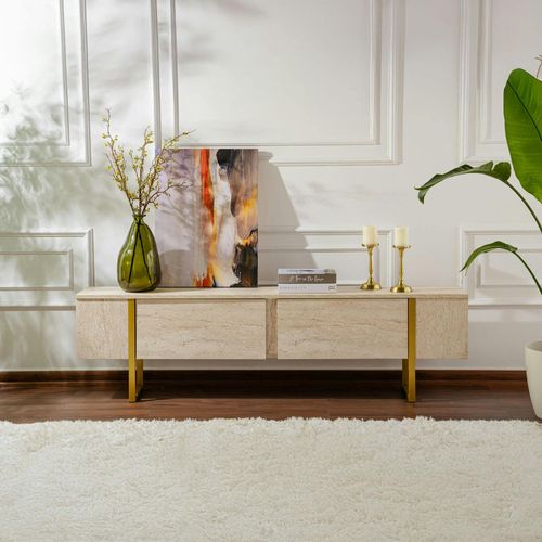 Meuble TV Avec Rangement - Effet Travertin, Pieds Dorés Jena