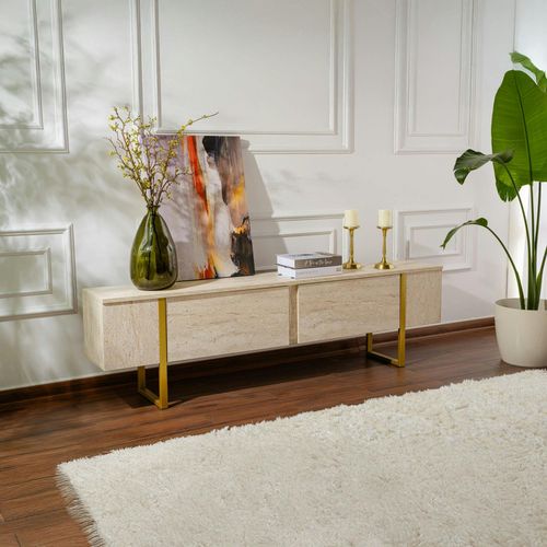 Meuble TV Avec Rangement - Effet Travertin, Pieds Dorés Jena