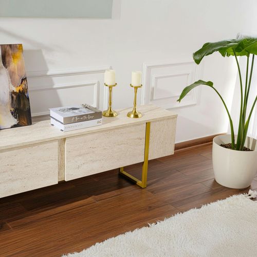 Meuble TV Avec Rangement - Effet Travertin, Pieds Dorés Jena